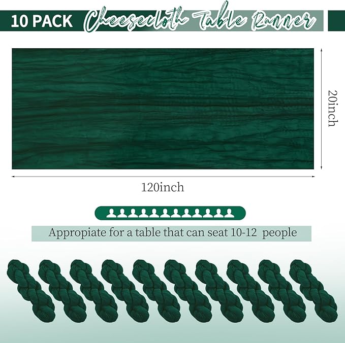 10 Pack Emerald Green Table Runner 10Ft Cheesecloth Table Runner Boho Gauze Table Runners Romantic Long Sheer Fabric Cheese Cloth Table Runners for Wedding Party Bridal Shower