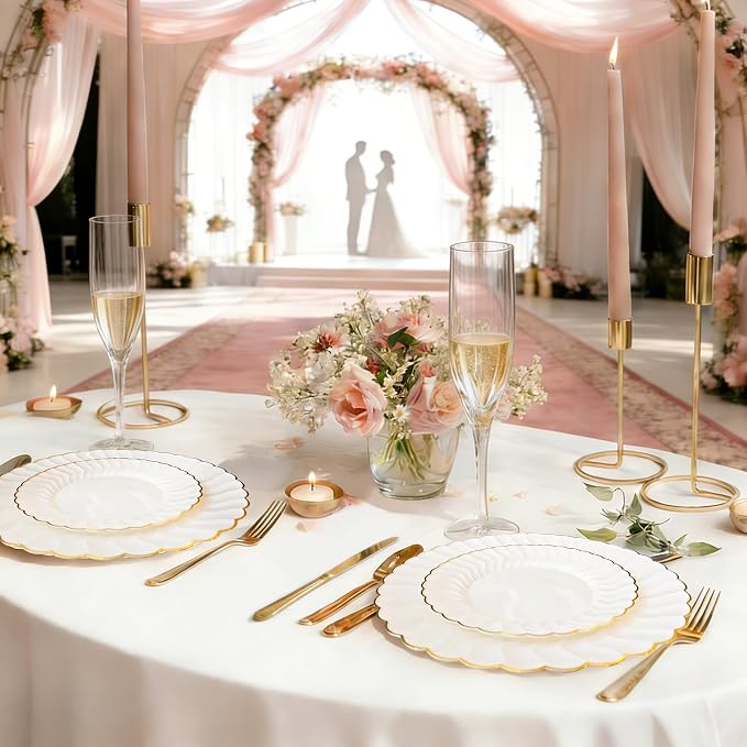 Ivory Disposable Plastic Plates 125pcs Scalloped Gold Rim for 25 Guests | Includes 25 Dinner and Dessert Plates 75 Gold Cutlery Elegant Tableware for Wedding Birthday Baby Shower Valentine Parties