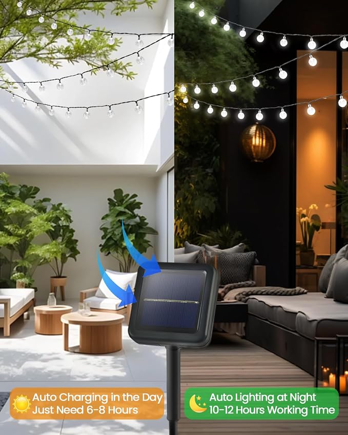 LORRYTE Solar String Lights Outdoor - 50 LED 32FT Waterproof White Solar Powered Crystal Globe Lights for Outside with 8 Lighting Modes for Patio Decorations, Garden, Party, Porch, Wedding, Yard