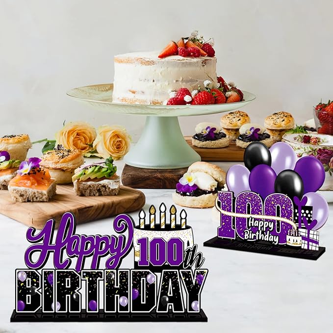 LINGTEER Happy 100th Birthday Purple Acrylic Table Topper Centerpieces Set - Cheers to 100 Years Old Birthday 100th Bday Party Gift Decorations.