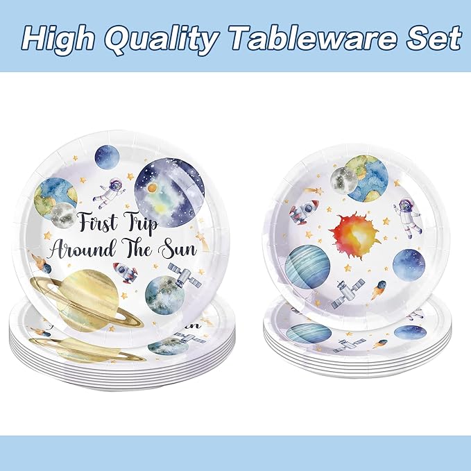 96 PCS First Trip Around The Sun Decorations,Outer Space Party Decorations 1st Birthday Party Supplies Plates Napkins Cups Set,Space Theme First Birthday Party Decorations for Boy Girl