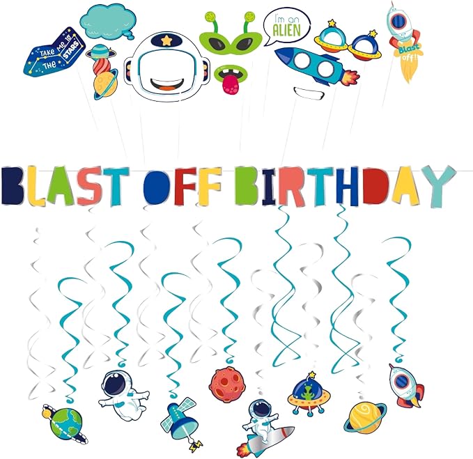 Serves 30 Complete Party Pack Outer Space Party Theme 9" Dinner Plates 7" Plates 30 Cups 2 Table Cover 30 Napkins 30 Beverage Napkins Blast off Birthday Banner 14 Swirls 12 Photo Props Space Birthday