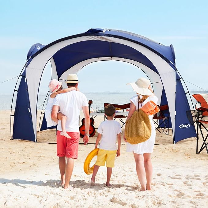 UNP Easy Beach Tent Pop Up Canopy UPF50+ Tent with Side Wall, Ground Pegs, and Stability Poles, Sun Shelter Rainproof, Waterproof for Camping Trips, Backyard Fun, Party Or Picnics