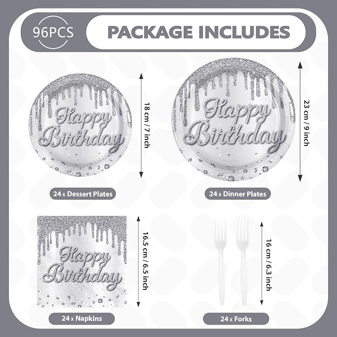 96 Pcs Silver Glitter Party Supplies Silver Plates and Napkins Glitter Diamonds Theme Birthday Decorations for Denim and Diamonds Wedding Silvers Birthday Party Decorations Serves 24