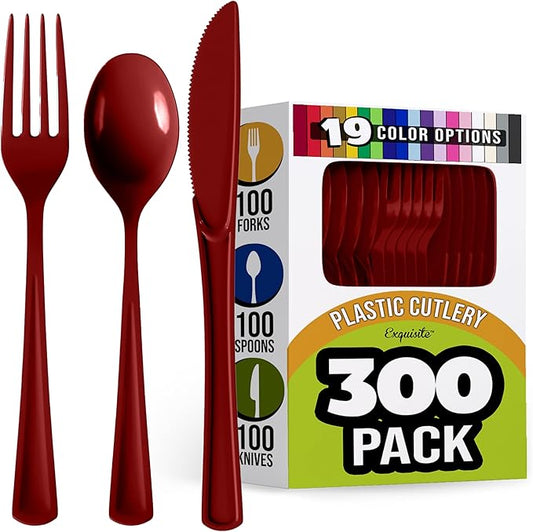 Party Solids Burgundy Plastic Silverware Heavy Duty 300 Pieces Burgundy Disposable Silverware Heavy Duty, Utensil Sets, 100 Of Each Forks, Knives & Spoons Disposable Cutlery Set For Party Supplies