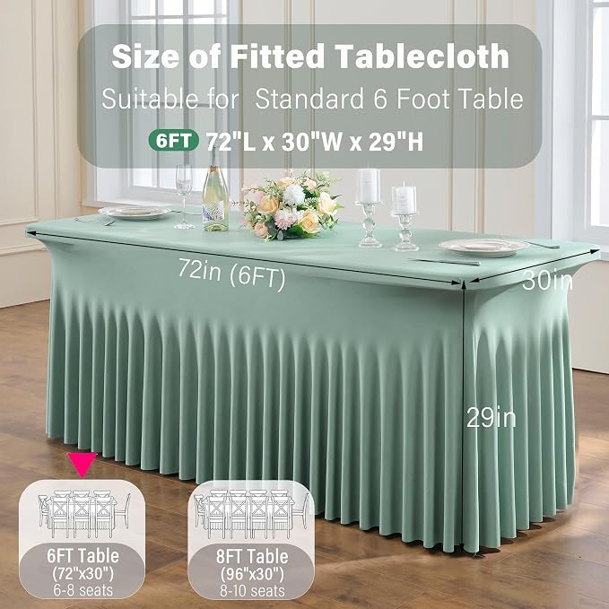 6 Pack Sage Green Spandex Tablecloths for 6 Foot Rectangle Tables, Wrinkle Free Stretchy Table Cloths 6ft Fitted Table Cover DeskSkirt for Weddings Birthday Party Banquet Baby Shower