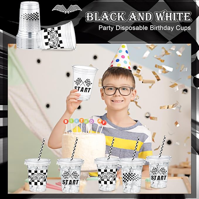 FoldTier 50 Pcs Checkered Racing Party Plastic Cups 12 oz White Black Checkered Flag Clear Cups with Straws and Lids Disposable Drink Cup for Race Car Sport Theme Birthday Party Supplies Baby Shower