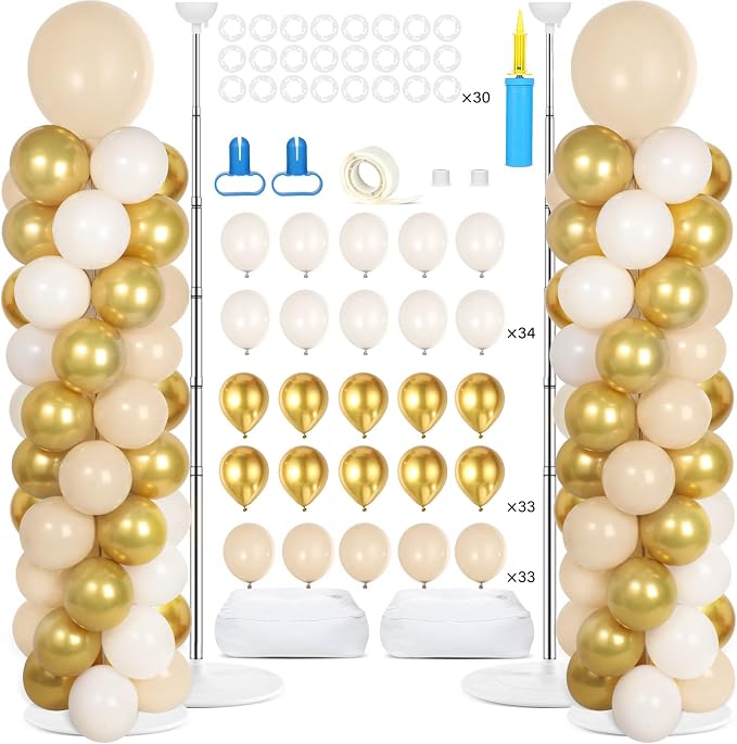 2 Sets Retro Sand White Gold Balloon Column Stand Kit with 100 Balloons Adjustable Balloon Tower Stand with Bases for Floor Balloons Column Kit for Graduation Birthday Appreciation Party Decor