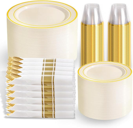 WELLIFE 350PCS Ivory Plastic Plates for 50 Guests -Thanksgiving Plates,Thanksgiving Decorations,Disposable Plate for Party and Wedding