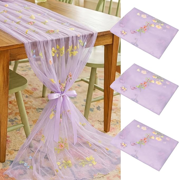 Lounsweer 3 Pcs Purple Wildflower Table Runner 10ft Embroidery Tulle Spring Floral Table Runner Seasonal Summer Butterfly Kitchen Dining Gauze Decoration for Wedding Baby Shower Birthday Party
