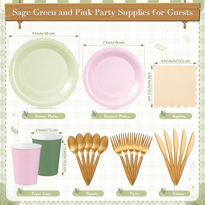 Zhehao 350 Pcs Sage and Pink Party Plates and Napkins Pink and Green Disposable Tableware Kit with Plates, Cups, Napkins, Cutlery for Baby Shower, Birthday, Wedding Party Supplies