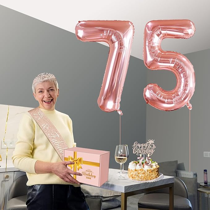 75th Birthday Decorations for Women, Including 75th Birthday Sash and Crown, Cake Topper and Candles, Number Balloons, Greeting Card, 75 Year Old Gifts for Women