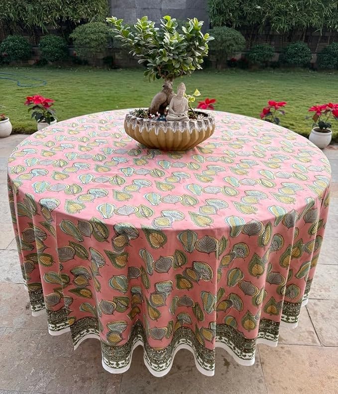 Ridhi Round Tablecloth Hand Block Print 100% Cotton Reusable Salmon Pink 120 Inch Table Cover Decorative Everyday Use for Dining, Home, Party, Wedding, Farmhouse, Party Gift for Spring, Mother's Day