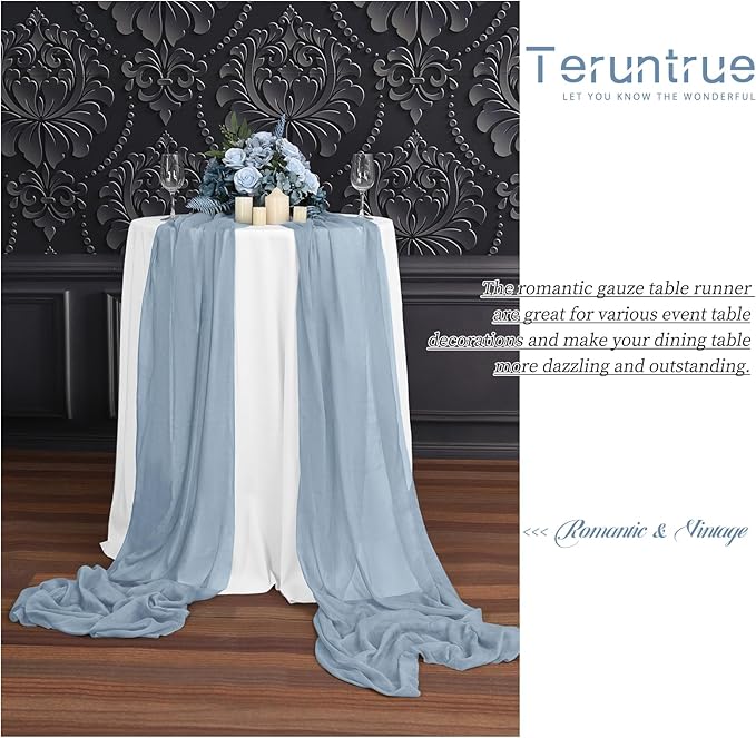 Teruntrue 24 Packs Dusty Blue Cheesecloth Table Runner,10ft Rustic Gauze Boho Wedding Table Runner Decoration, Wedding Table Decor Sheer Table Runner for Wedding Party Bridal Shower Table