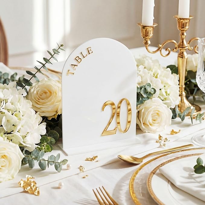 AceOrbit White Wedding Table Numbers 1-20 with Stands 5" x 7" White Acrylic Wedding Signs with Holder Elegant Arch Numbered Signage Tabletop Reception Sign for Anniversary, Banquet, Event Decor