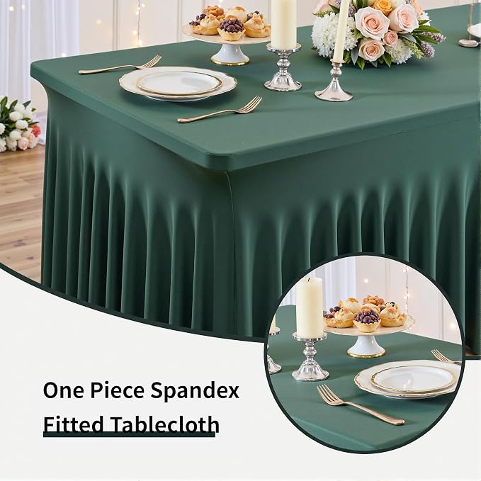 Outpain 6ft Spandex Table Cloth for Standard Folding Tables-4Pack Hunter Green Table Cloth Table Protector for Party, Wedding, Cocktail, Banquet, Festival