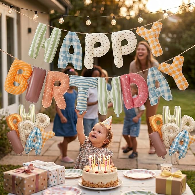 Colorful Happy Birthday Banner Foil Letter Balloon, 14 Inch 3D Plaid, Polka Dots, Stripes Patterned Reusable Mylar Foil Letters, Birthday Decorations (Birthday Banner 1)
