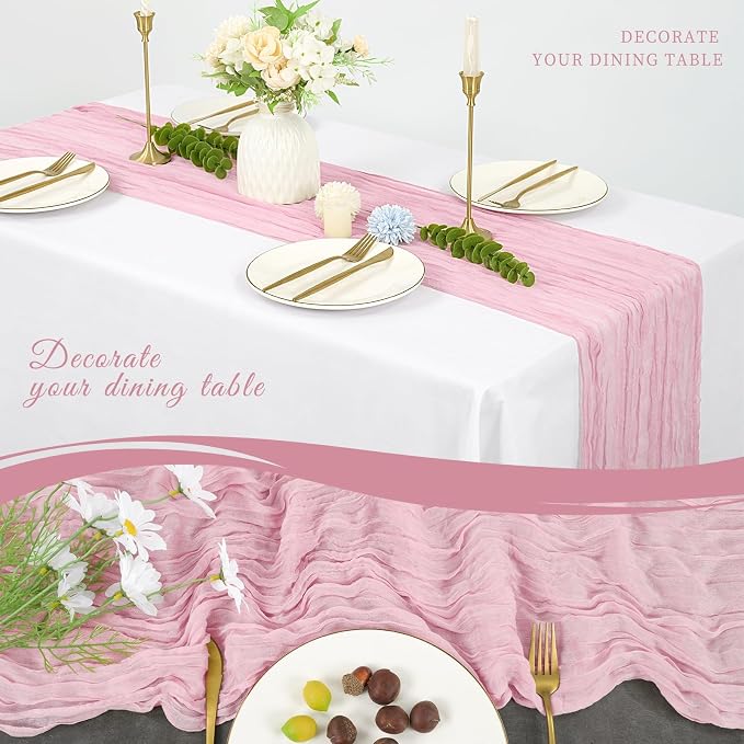 20 Pack Cheesecloth Table Runner 17 x 108 inch Long Boho Gauze Table Runners Semi Sheer Table Runner for Wedding Decor, Baby Shower, Birthday Party, Banquet (Light Pink)