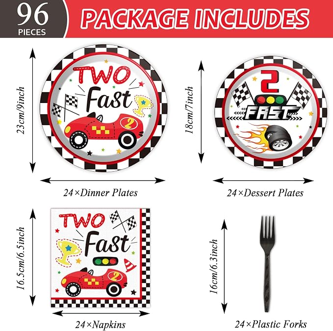 96pcs Two Fast Plates and Napkins Race Car Party Decorations Racing 2 fast Party Plates and Napkins Set Racing Sports Themed Dinnerware for Two Fast Kids Boys Birthday Supplies Favors, Serve 24