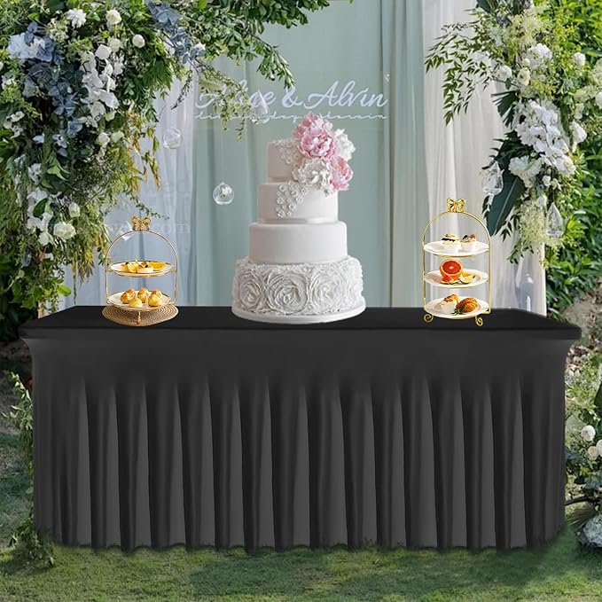 2 Pack Black Table Skirt, Wrinkle-Free Spandex Table Covers 6ft, Elastic Fitted Washable Tablecloth for Rectangle Tables for Wedding, Banquet, Party, Events