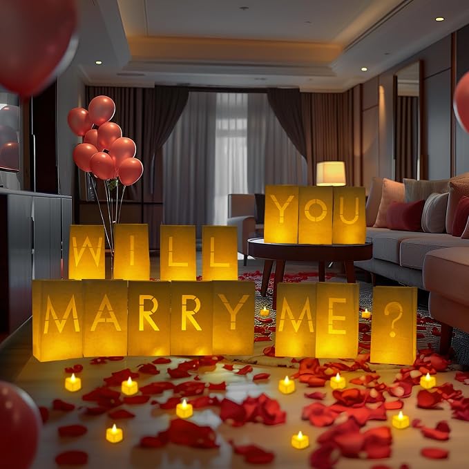 Homemory Will You Marry Me Light Up Letters Proposal Decorations with Flameless Candles and 2000 Fake Rose Petals, Valentine's Day Luminary Bags Decorations for Wedding Engagement
