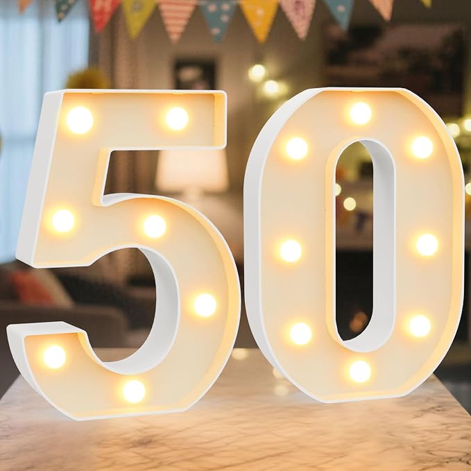 LED Marquee Light Up Numbers Sign - Lighted Birthday Numbers Sign for 50th Birthday Party Decoration, Bar Wall, Home, Table Room, Wedding and Christmas Decorations, Number 50
