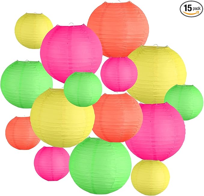 Glow in The Dark Party Supplies, Neon Party Decorations, Colorful Round Hanging Paper Lanterns Decorations for Neon Themed Birthday Wedding Baby Shower Home and Bar Decor, 15Pcs