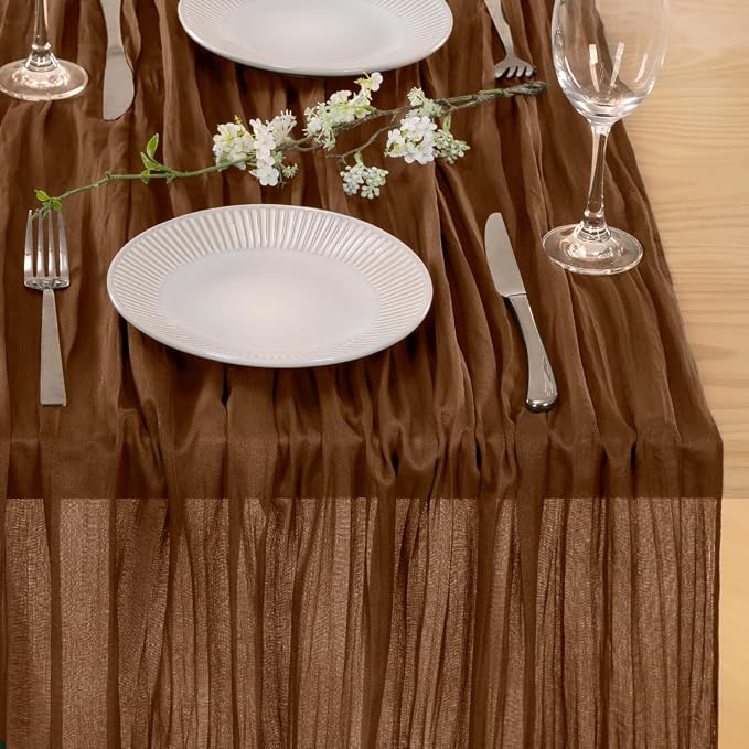 MLMC 2 Pack Brown Cheesecloth Table Runner 10ft Boho Rustic Gauze Coffee Cheese Cloth Table Runner Neutral Centerpiece Decor 35x120 Inches for Wedding Farmhouse Reception Home Decor