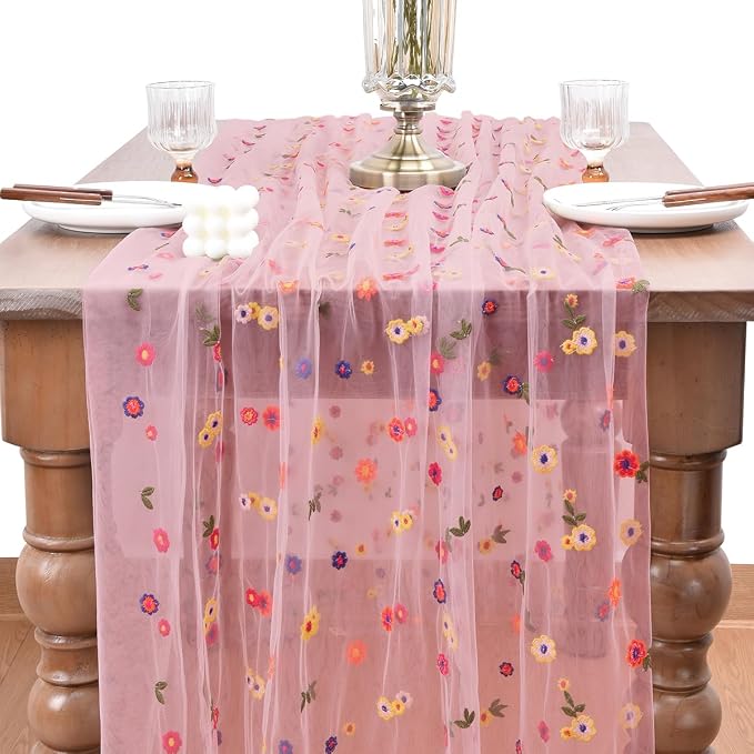 Joanlody Blushing Pink Summer Flower Table Runner 10ft Embroidery Daisy Floral Seasonal Tulle Table Runner for Home Garden Tea Party Holiday Birthday Decoration