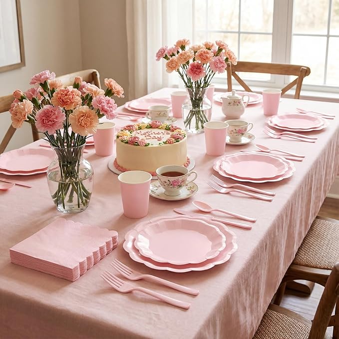 175 Pcs Pink Paper Plates and Napkins Set Include 9" Mothers Day Plates, 7" Dessert Plate Disposable Scalloped Tableware Serve 25 Guest for Wedding Baby Shower Bridal Shower Birthday Mother's Day