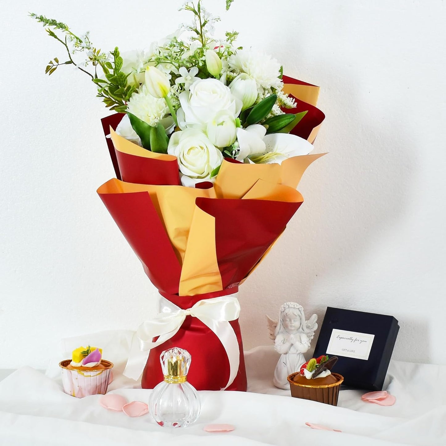 BEISHIDA 20 Sheets Red+Gold Double Sided Floral Wrapping Paper, 58 * 58 cm / 22.8 * 22.8 Inch, Perfect for Gift Wrapping, Floral Arrangement, Occasions: Valentine's Day, Wedding, Birthday, Christmas