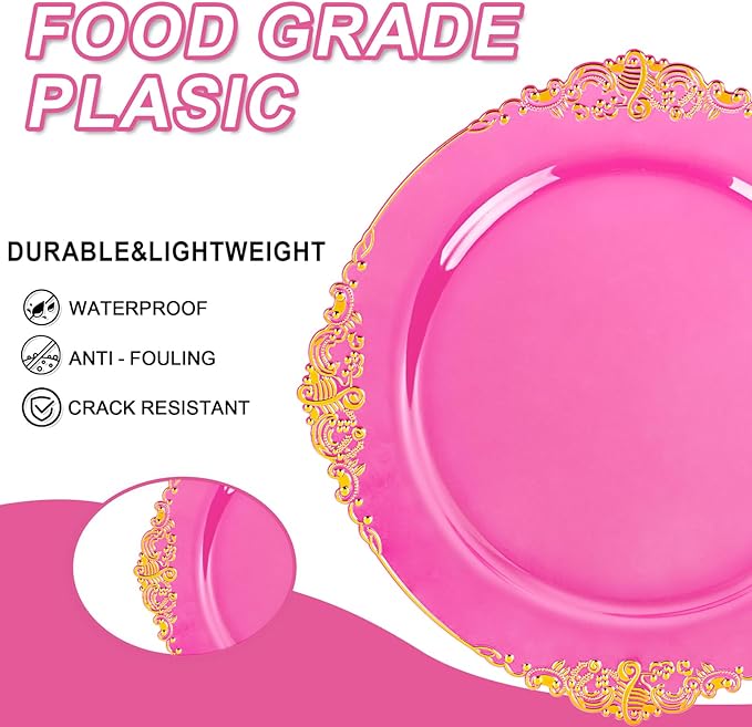 102PCS Clear Hot Pink Plastic Plates - Pink Disposable Plate with Gold Rim - Hot Pink Party Plates Include 51PCS 7.5inch Dessert & 10.25inch Dinner Plate for Wedding Birthday Party Mother’s Day