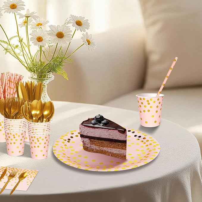 Nkaiso Paper Plates and Napkins Set, 193 Pieces Pink Gold Party Supplies Includes Paper Plates Cups Napkins Straws and Cutlery for Birthday Wedding Holidays Parties Decorations-24 Guests