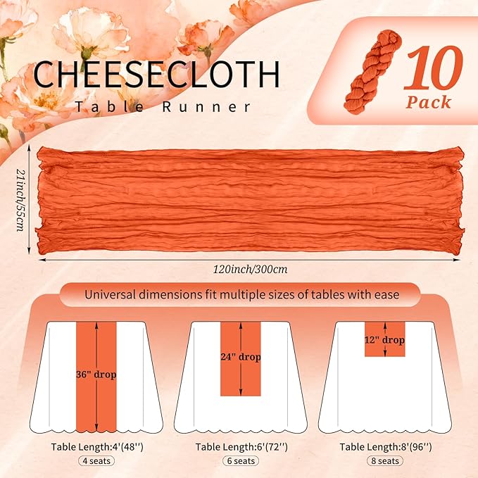 10 Pack Orange Cheesecloth Table Runner 10FT Boho Gauze Cheese Cloth Table Runners Romantic Rustic Sheer Table Decorations for Wedding Party Baby Shower Birthday Holiday Home