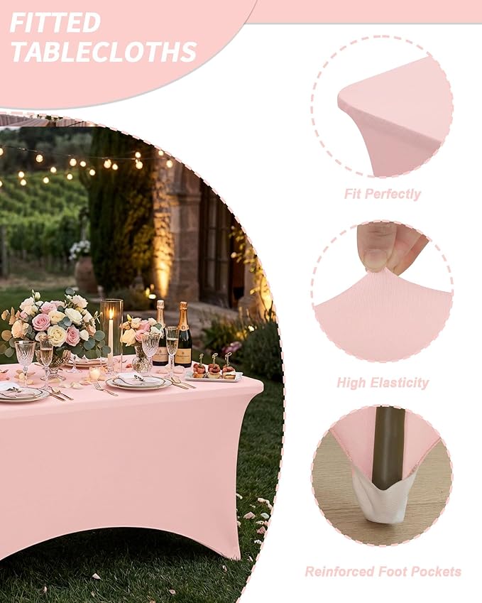 Fixwal Light Pink Stretch Table Cloth Rectangle 2 Pack 4Ft, Spandex Fitted Table Covers Washable for Party, Trade Show, Banquet, Wedding, Buffet