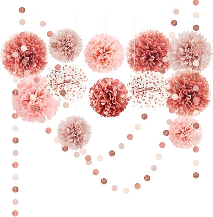 Rose Gold Wedding Decorations - 15 PCS Tissue Paper Pom Poms + 8 Rolls Rose Gold Crepe Paper Streamers for Engagement Party Wedding Birthday Bridal Shower Bachelorette