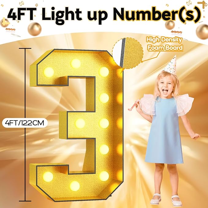 4FT Large Light Up Numbers 3, Gold Number 3 Marquee Frame Marquee Mosaic Numbers for 3rd Birthday, Giant Marquee Number 4 Feet Tall DIY Frame Pre-Cut Foam Board Kit for Graduation Anniversary Party