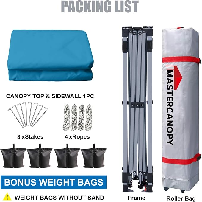 MASTERCANOPY 10x10 Pop Up Canopy Tent with 1 Sidewall, 1 Person Setup Instant Shelter, Outdoor Portable Beach Canopy, 1 Roller Bag, 4 Sandbags, 4 Ropes, 8 Stakes (10x10, Cyan Blue)