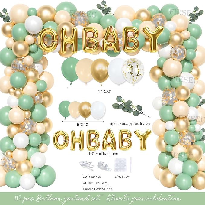 Sage Green Baby Shower Decorations, Greenery Tableware Party Supplies with Paper Plates Napkins Forks for 20 Guests Balloon Arch Kit Oh Baby Backdrop Tablecloth Cake Topper