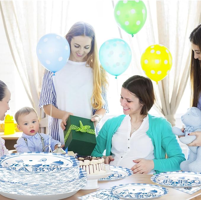 Grencian 96PCS BBQ Baby Shower Decorations It’s A BabyQ Party Plates Disposable Blue BBQ Party Tableware Set for Boys Barbecue Themed Baby Shower Gender Reveal Picnic Birthday Party, Serves 24