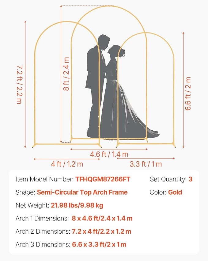 VEVOR Arch Backdrop Stand, Set of 3, 8/7.2/6.6 ft, Stable Structure, Easy Assembly, Gold Metal Arch Backdrop Stand for Wedding, Birthday Party, Graduation, Holiday Celebration, and Ceremony Decoration