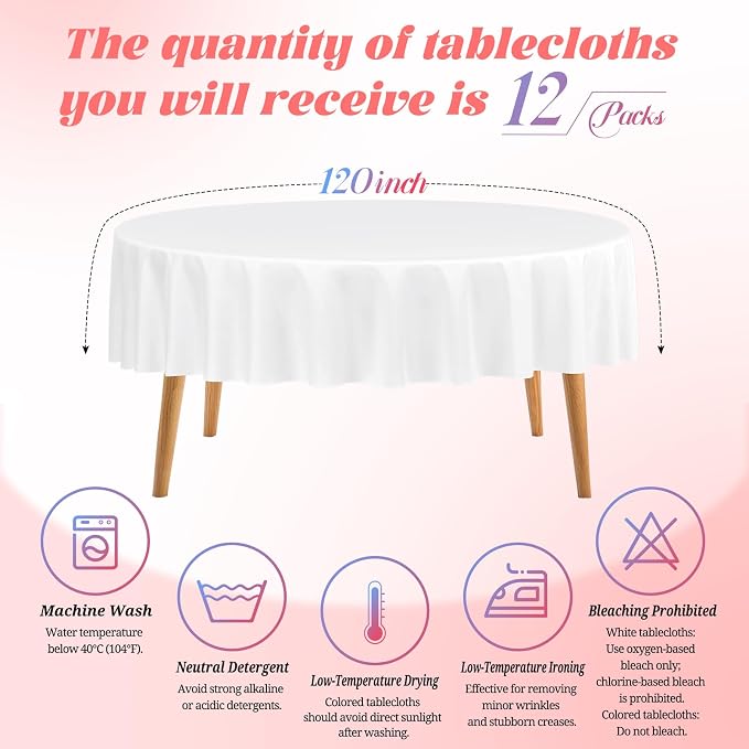 Teruntrue 12 Packs White Round Tablecloths 120 inch Round Table Cloth, Washable Polyester Fabric for Wedding Parties Banquet Holiday Dinner Table Decorative, White