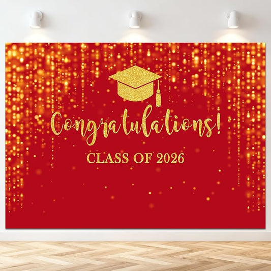 Mocsicka Class of 2026 Backdrop Red Gold Glitter Bokeh Graduation Party Background 2026 Congrats Grad Prom Party Cake Table Decoration Photo Booth Props (8x6ft)