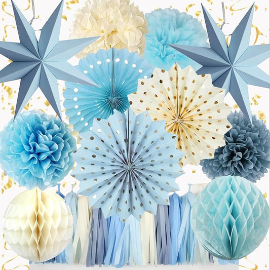 Blue Party Decorations,15PCS Dusty Blue Beige Birthday Decorations for Women Men Girl Boy,Hanging Backdrop Decor for Engagement,Boho Wedding,Baby Shower,Bridal Shower,Garden Party