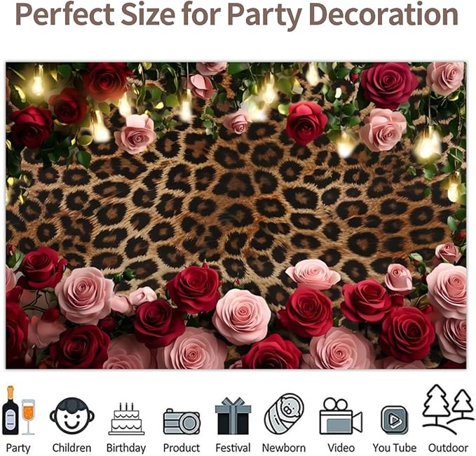 Leopard Print Backdrop Valentines Golden Brown Black Spots Cheetah Prints Background Pink Red Rose Backdrops for Photography Girls Lady Birthday Wedding Party Decorations 10x5ft Vinyl