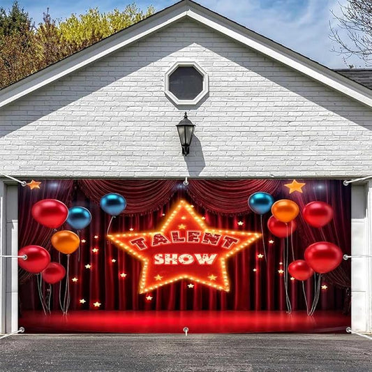 6X8ft Talent Show Garage Door Decoration Background Golden Glitter Star Red Curtain Theme Movie Night Backdrop Kids Boys Girls Performance Magic Shows Talent Party Party Banner Cover