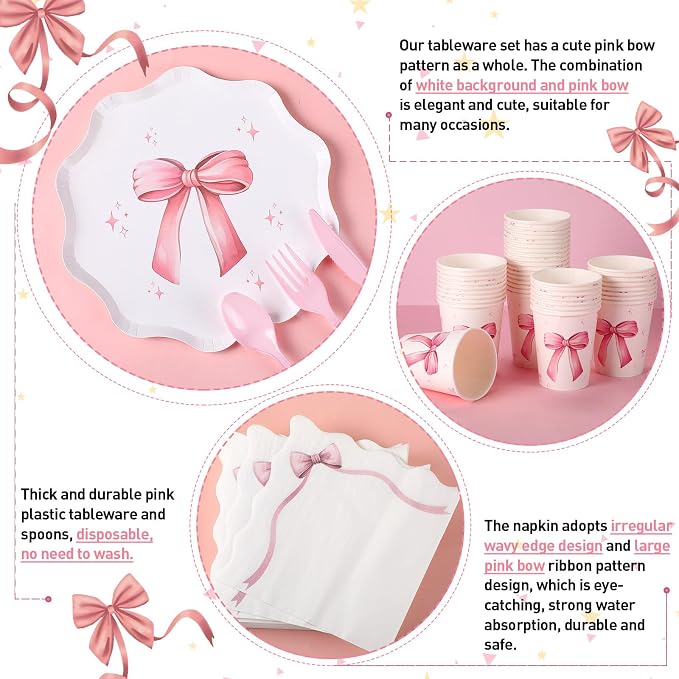 Ziliny 350 Pcs Bow Pink Party Supplies Tableware Set Disposable 9'' 7'' Paper Plates 9 oz Cups Cutlery Napkins Dinnerware Set for 1st Birthday, Serve 50 (Bow, Pink)