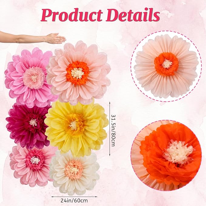 Giegxin 6 Pcs 31.5", 24" Giant Colorful Paper Flowers Mexican Fiesta Tissue Flowers for Wall Decorations Pink White Yellow Large Crepe Flower for Wedding Birthday Classroom Bridal Shower Bachelorette