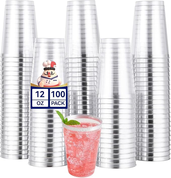 JOLLY CHEF 100 Pack Silver Plastic Cups, 12 oz Clear Plastic Cups Tumblers, Elegant Silver Rimmed Disposable Drink Glasses for Party Wedding, Thanksgiving Day, Christmas