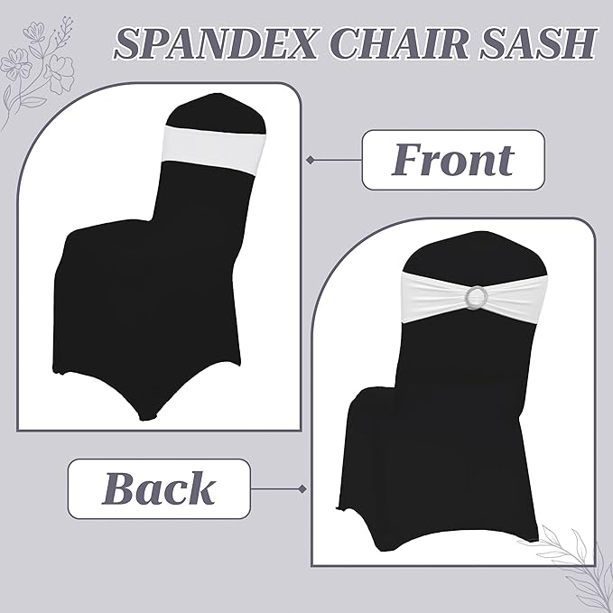 MDS Pack of 150 Spandex Chair Sashes Bows Universal fits Elastic Stretch Chair Bands Ties with Buckle Slider Bow for Wedding Decoration Spandex Slider Sashes Bow - White